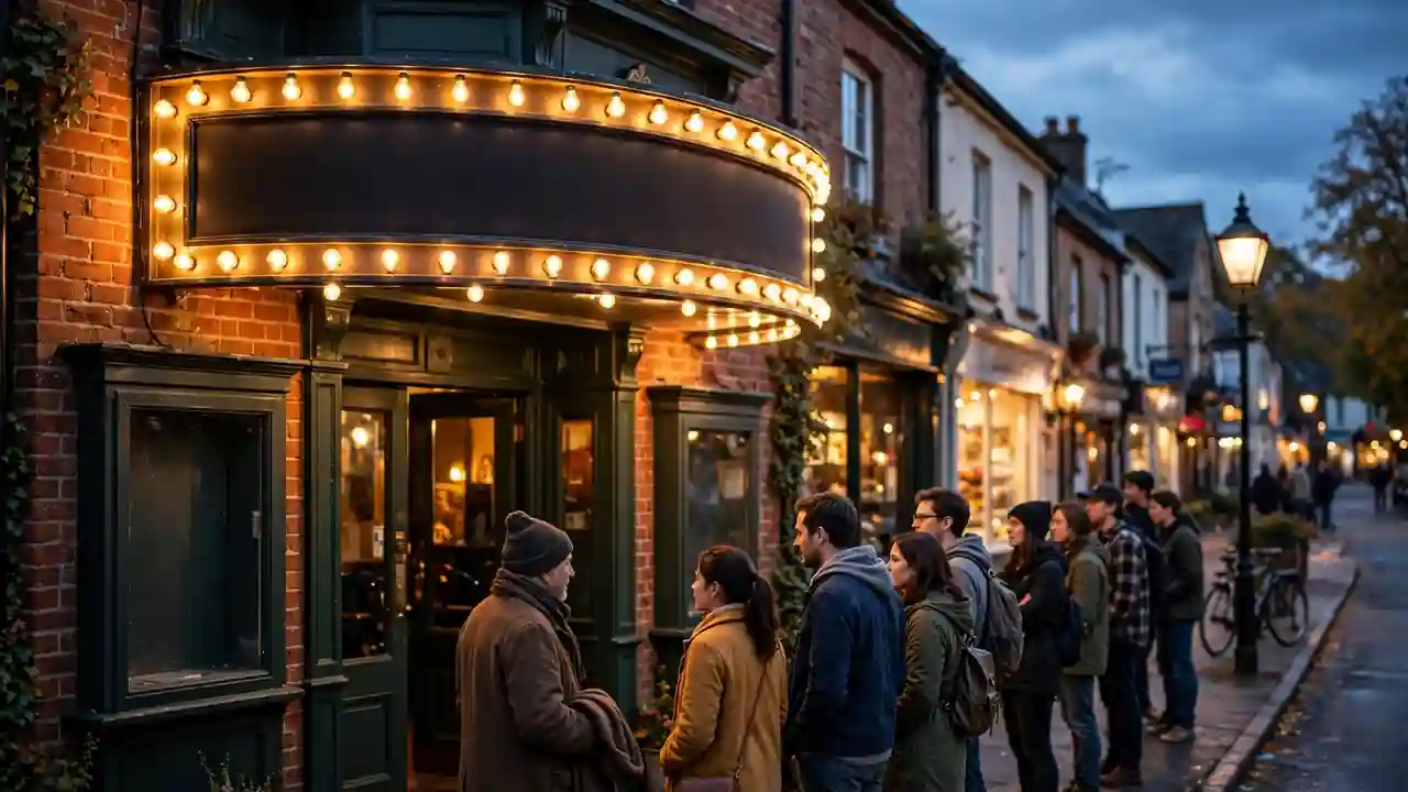 A small independent cinema exterior at dusk with a glowing marquee and people queuing outside