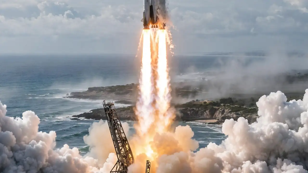 A rocket launching upward from a coastal launch pad with bright flames.