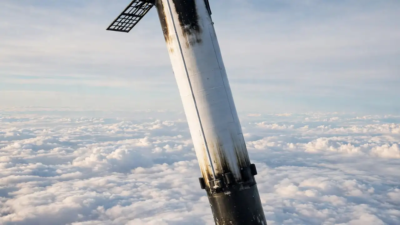 A rocket booster falling back through the sky with steering fins extended.