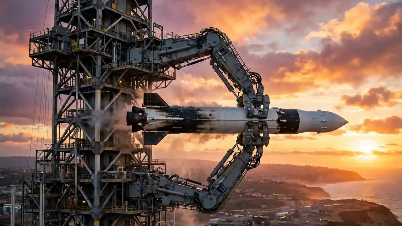 A giant launch tower with mechanical arms catching a tall rocket booster.