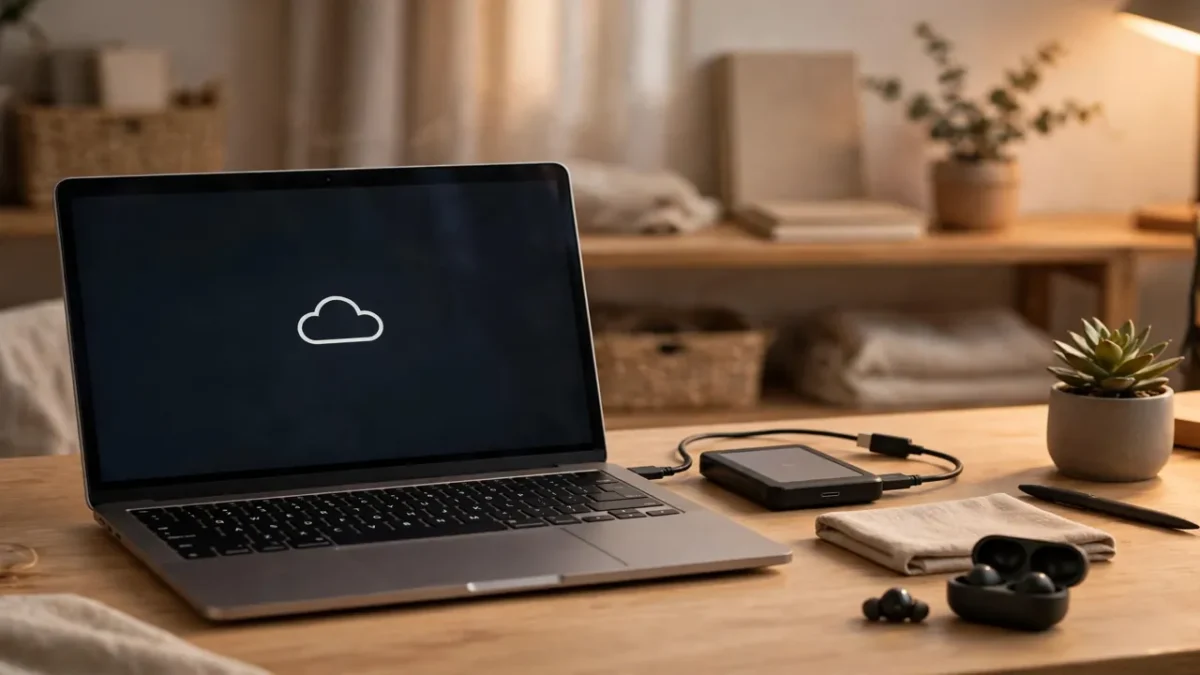 A laptop on a tidy desk beside an external hard drive, ready for a computer backup