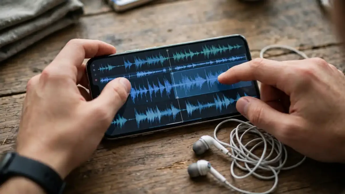 A person recording a podcast into a smartphone on a small tripod at home