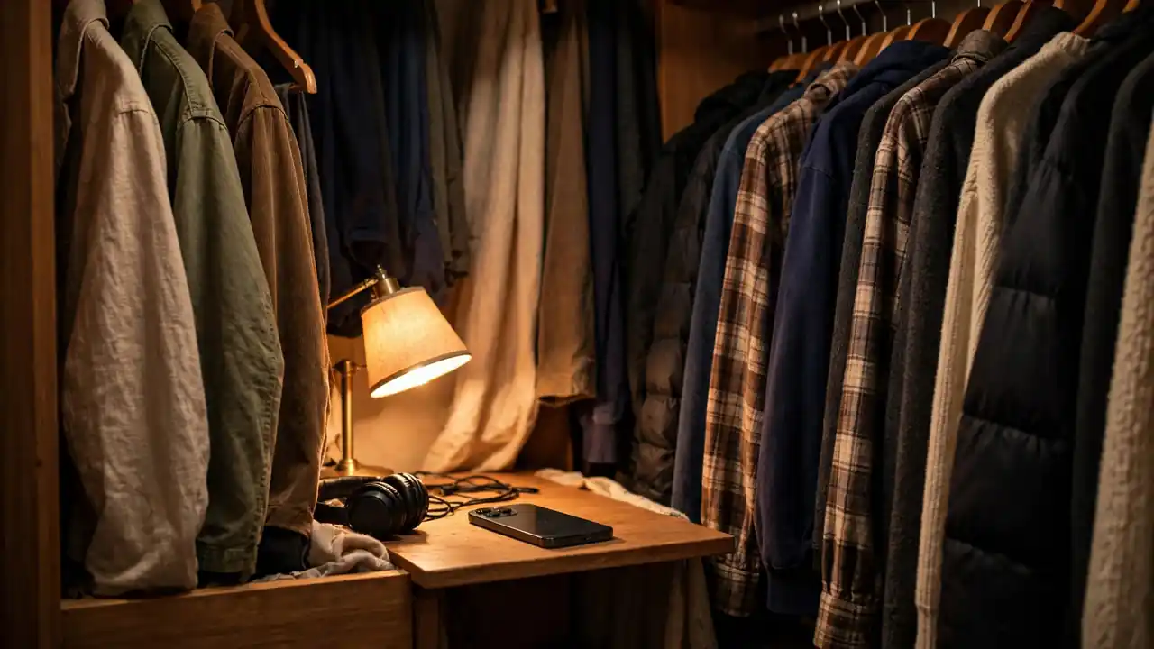 A smartphone set up to record in a wardrobe full of clothes
