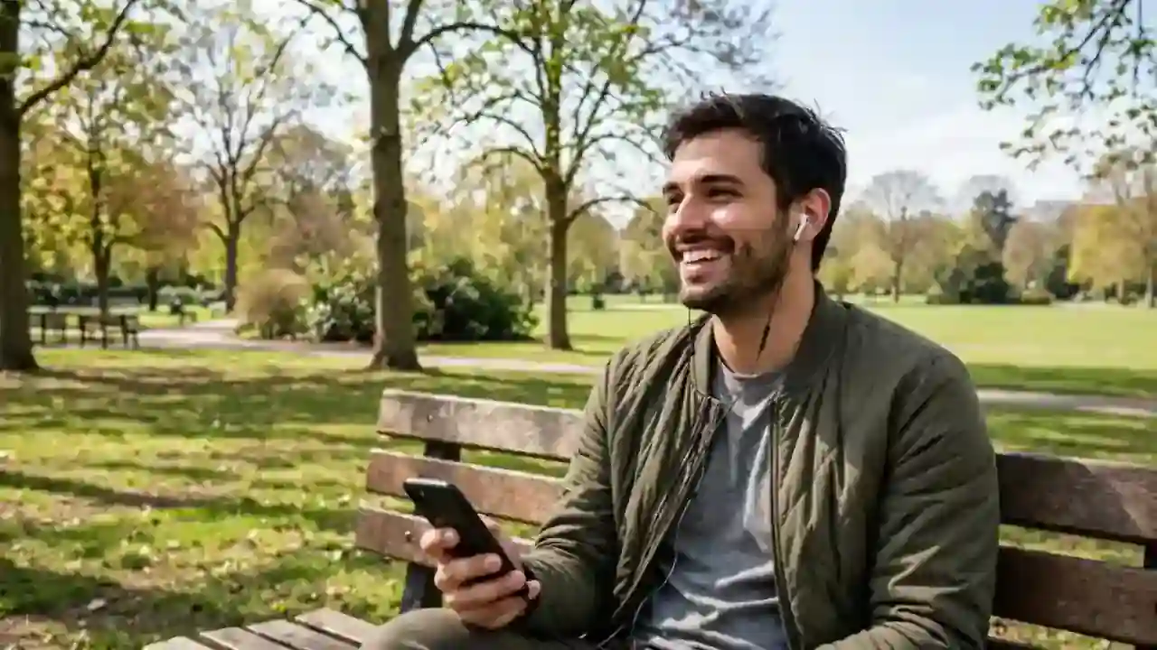 Hands editing audio on a smartphone with wired earbuds nearby