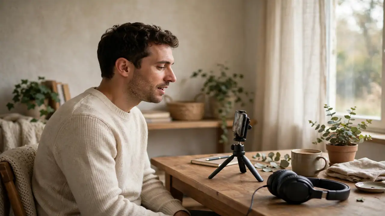 A person smiling while listening to a podcast on a phone outdoors