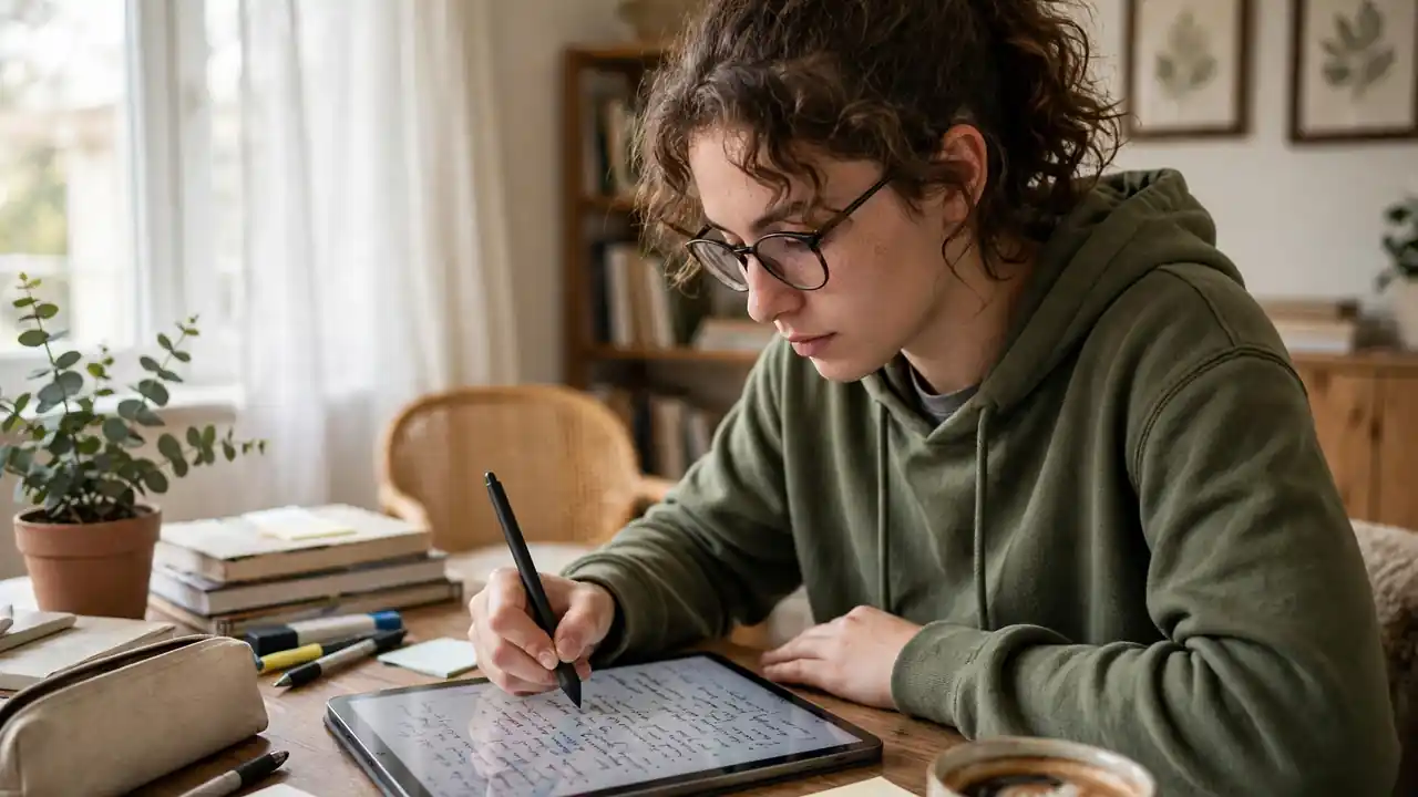 A student taking handwritten notes with a stylus on a tablet in a bright study room.