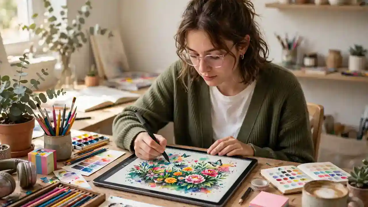 A person drawing colorful digital art with a stylus on a tablet.