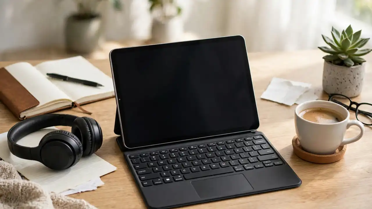 A tablet with a detachable keyboard on a desk beside a coffee cup.