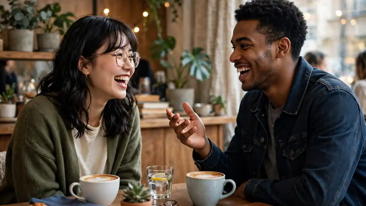 Two friends laughing while chatting over coffee in a language exchange