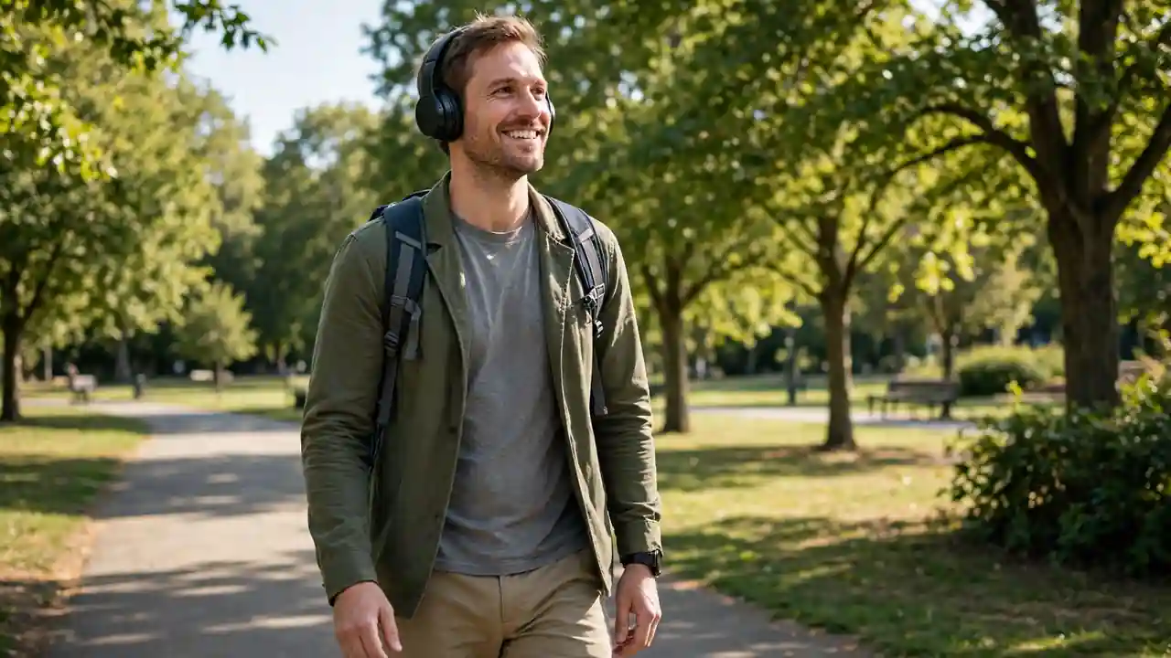 A person listening to a podcast with headphones while walking in a sunny park