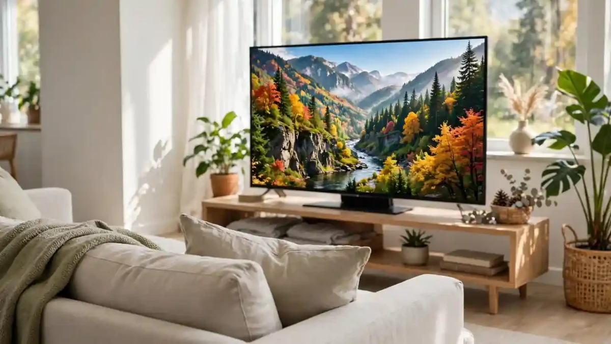 A slim flat-screen television in a bright living room showing a vivid nature scene.