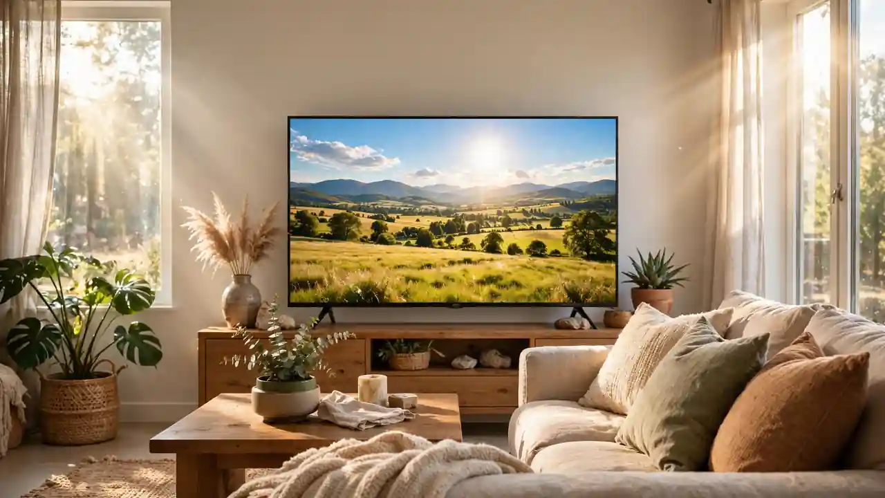 A living room television showing a bright landscape with daylight from side windows.