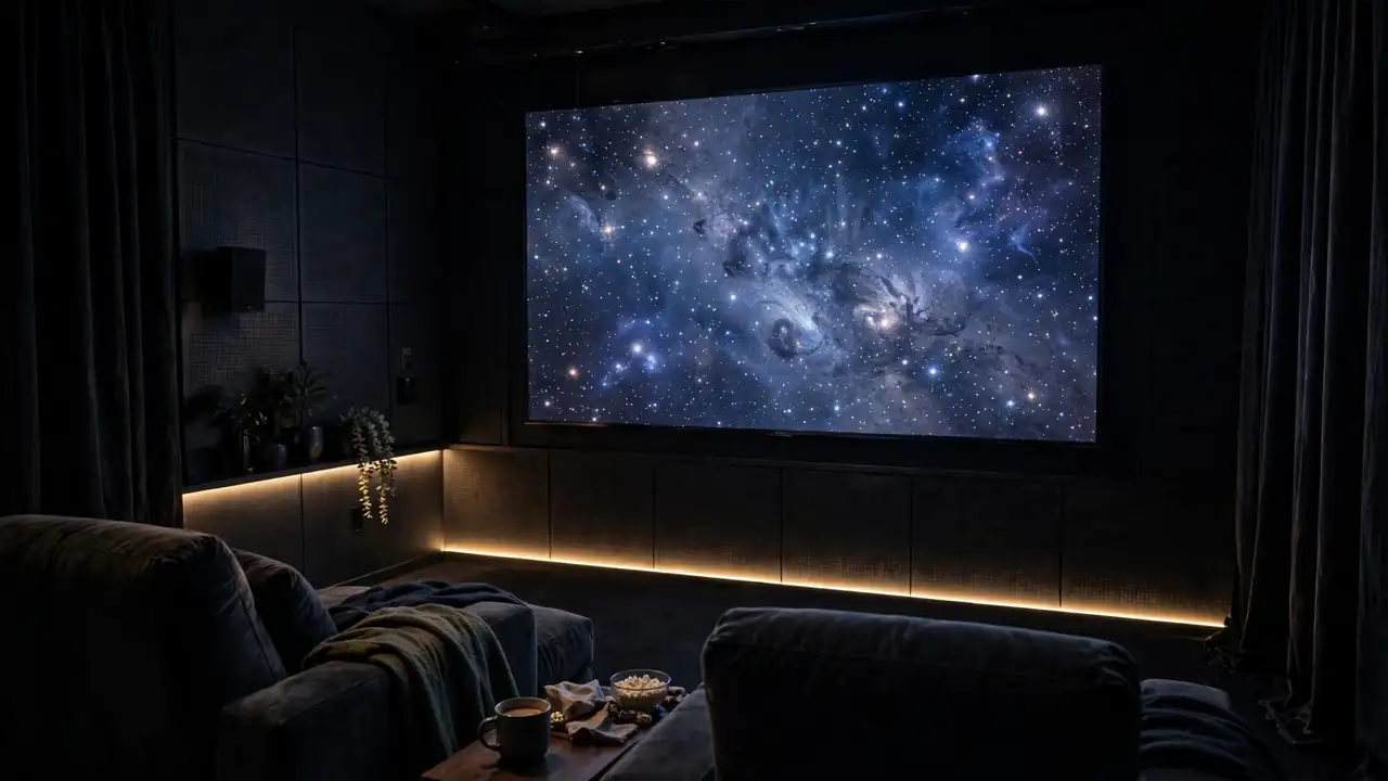 A dark cinema room at night with a large television glowing with a starry space scene.