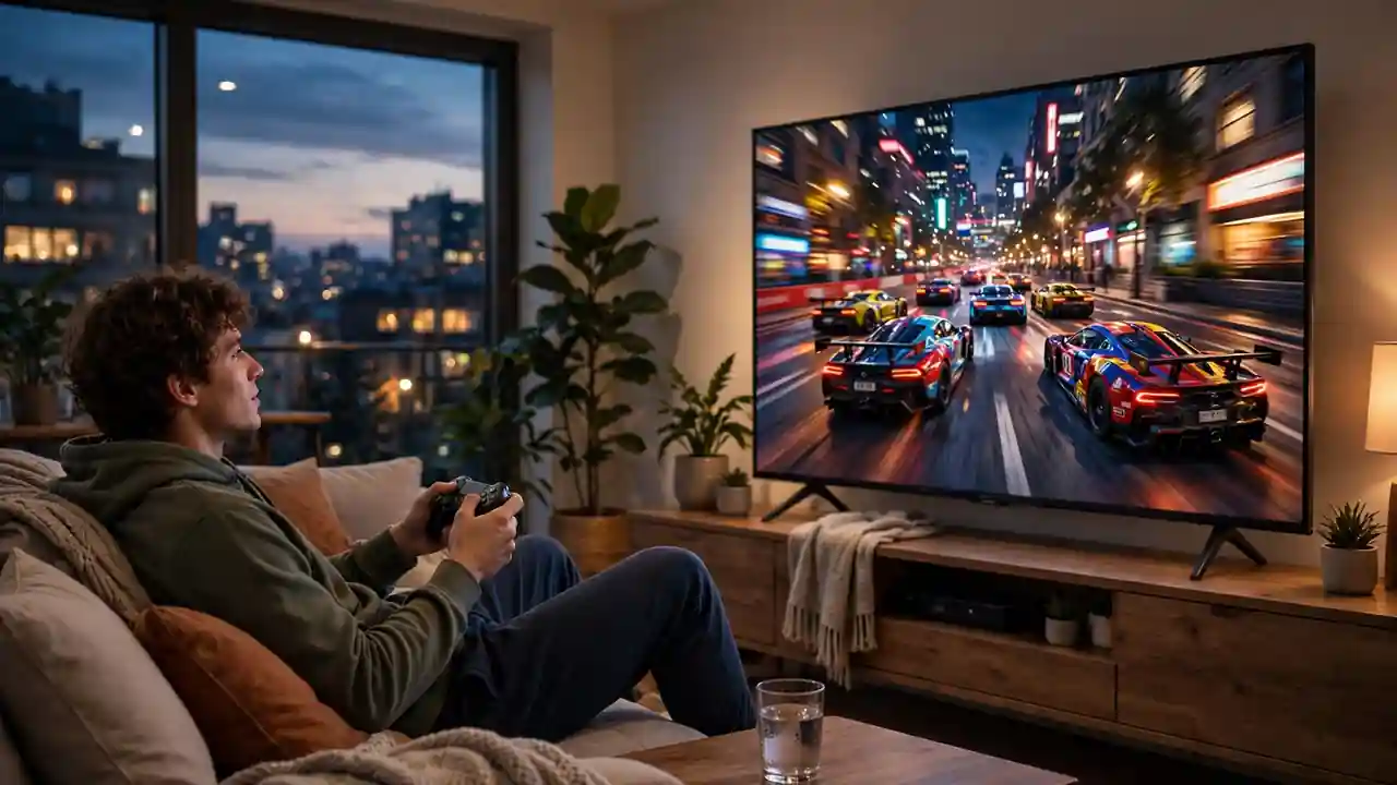 A person relaxing on a sofa holding a game controller in front of a large television.