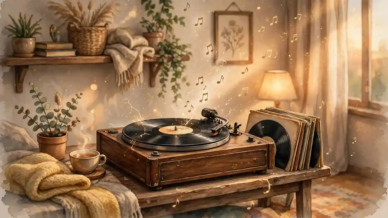 Vintage vinyl record player in warm light with gentle musical notes in a cozy room