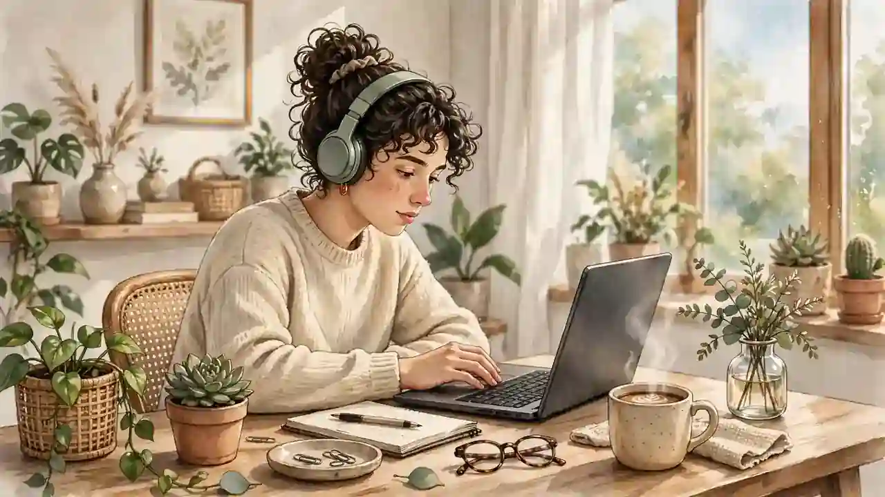 Young person working on a laptop with headphones in a bright daytime room with plants and coffee