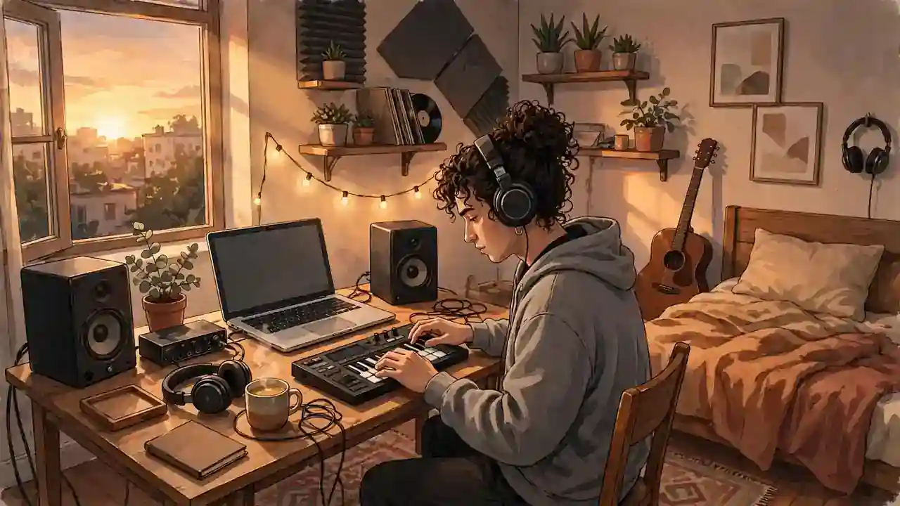 Bedroom music producer making beats at a small home studio desk with keyboard and laptop