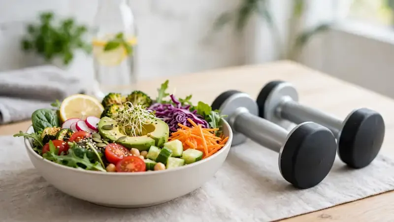 Healthy low-calorie meal with vegetables and a person exercising