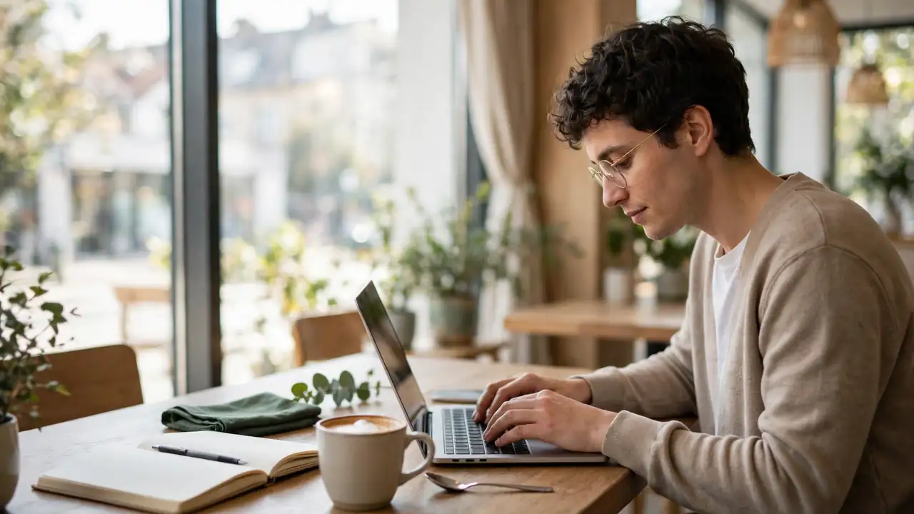 A person working on a thin silver laptop at a bright cafe table with a coffee and notebook