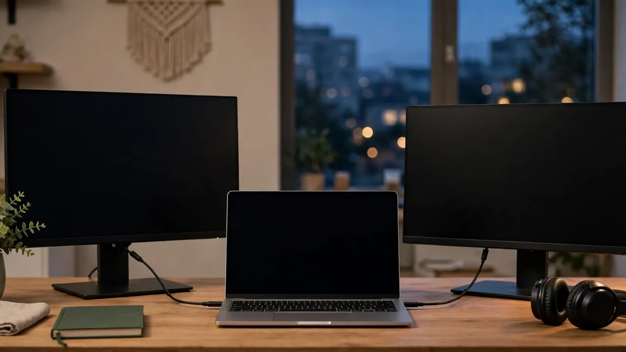 A slim laptop connected to two external monitors on a tidy desk with a plant
