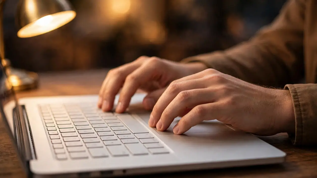 Close-up of hands typing on a slim silver laptop keyboard with a large trackpad in warm desk light