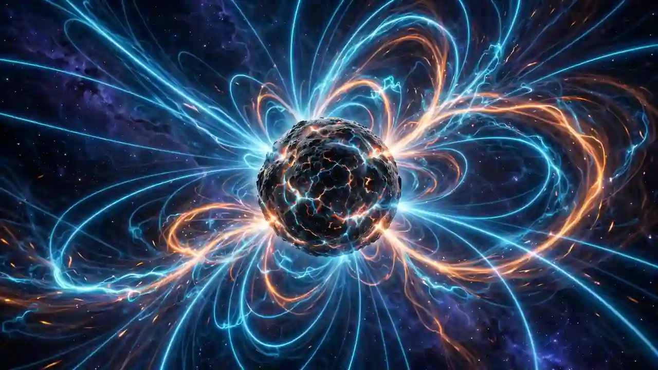 Magnetar neutron star with intense glowing magnetic field lines and plasma arcs in space