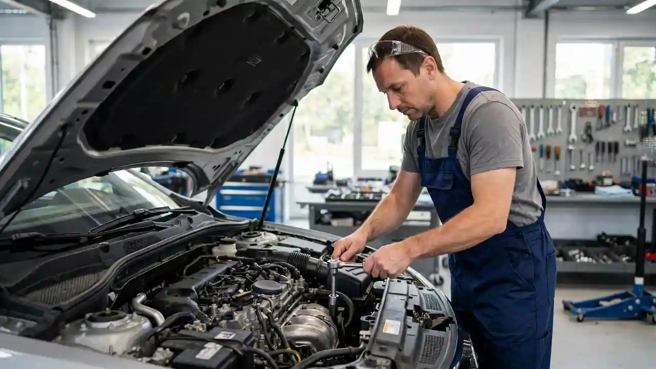Mechanic tuning a car engine in a bright workshop