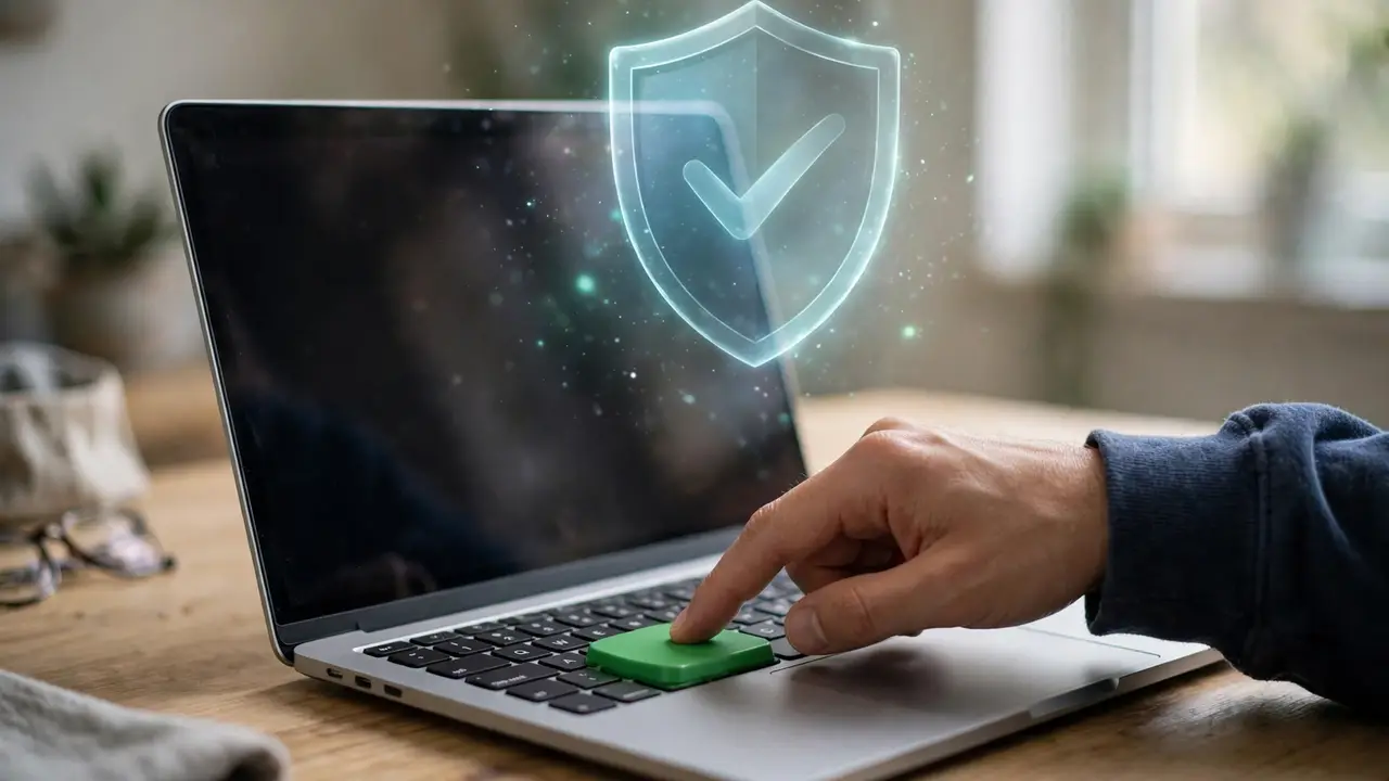 Person pressing a backup button on a laptop with a shield symbol above the desk
