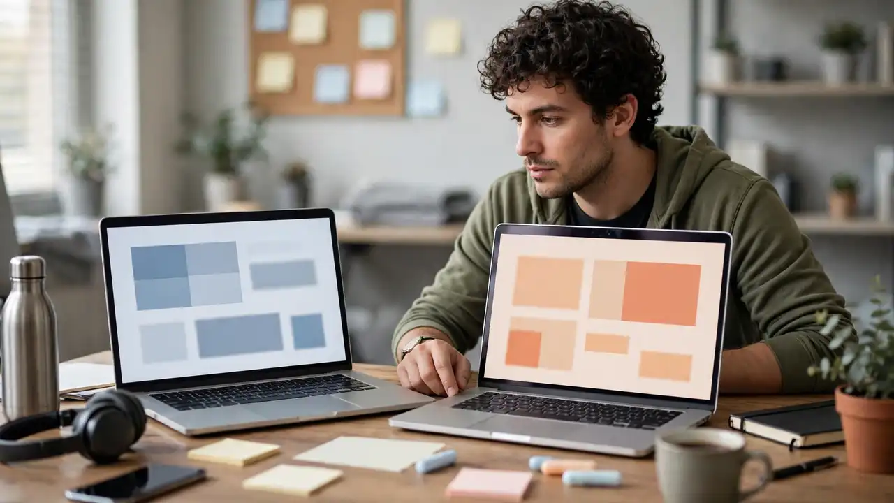 Person comparing a live website and a test copy on two laptop screens
