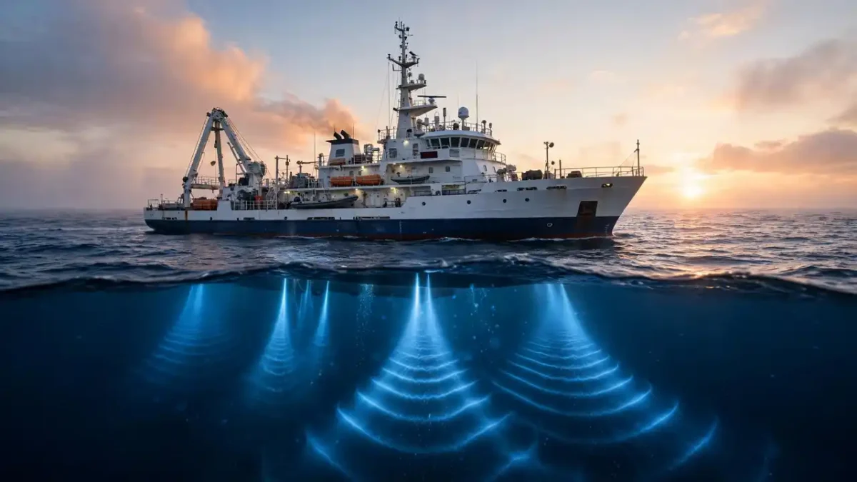 Research ship at sunrise sending sonar beams into the dark ocean
