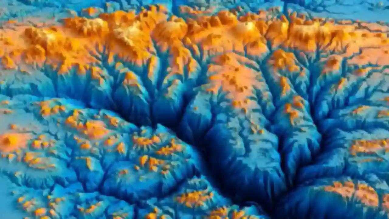 Colourful 3D relief map of the ocean floor with mountains, valleys and trenches