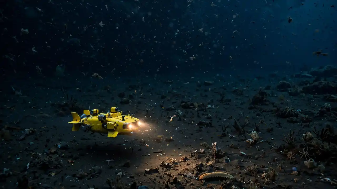 Yellow autonomous underwater robot gliding over a dark deep seafloor