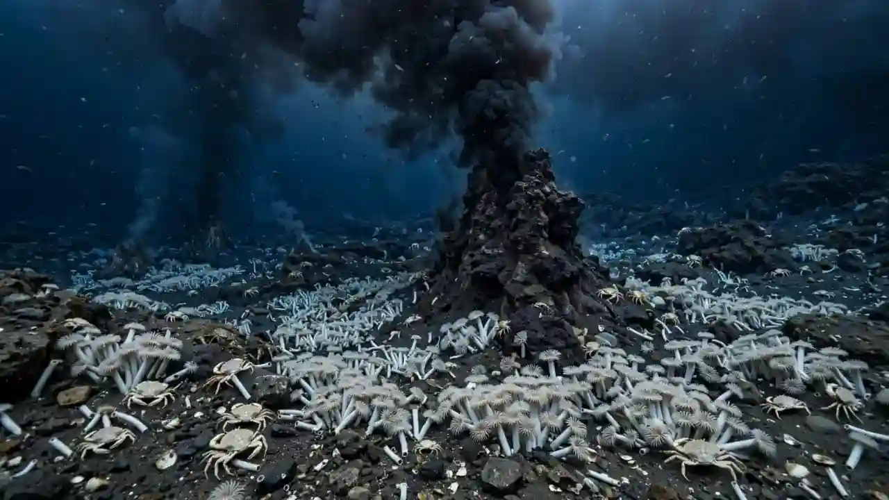 Hydrothermal vent on the deep ocean floor with tube worms and crabs