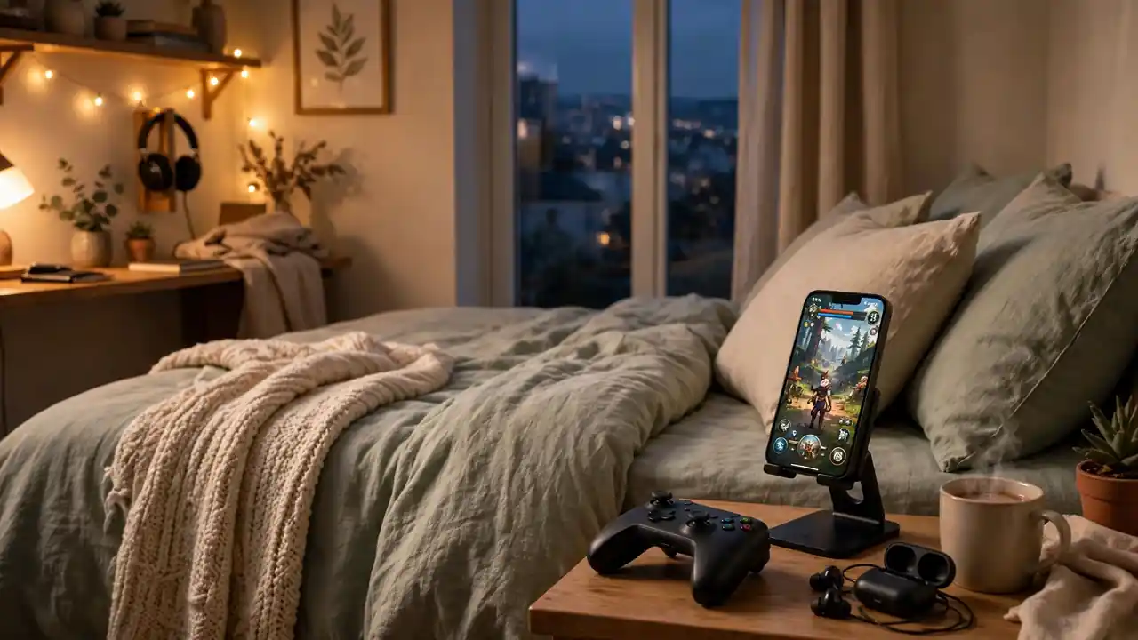 A cosy bedroom gaming setup with a phone on a stand and controller beside a bed