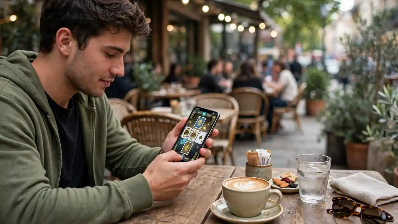 A person playing a card game on a smartphone at a cafe table with coffee
