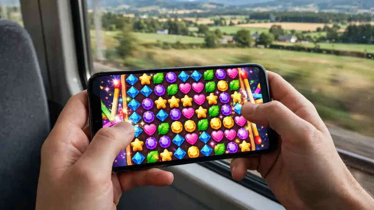 Hands holding a smartphone playing a colourful mobile game on a train