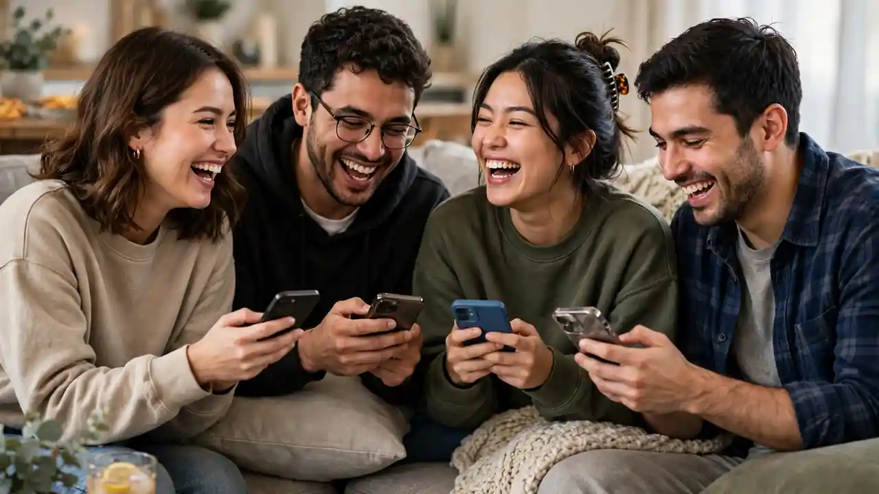 Friends playing a multiplayer mobile game together laughing on a sofa