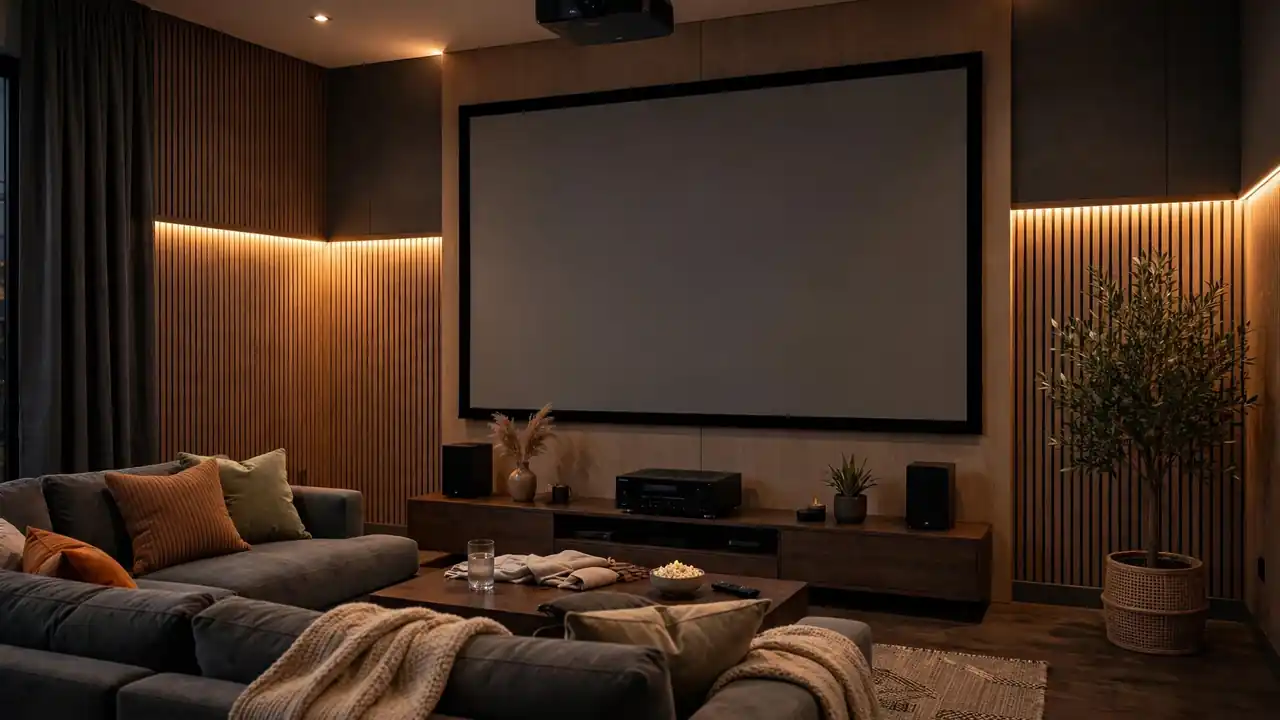 Modern home cinema room with large screen projector sofa and warm ambient lighting