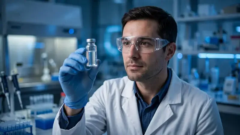 Scientist holding vaccine vial in modern laboratory