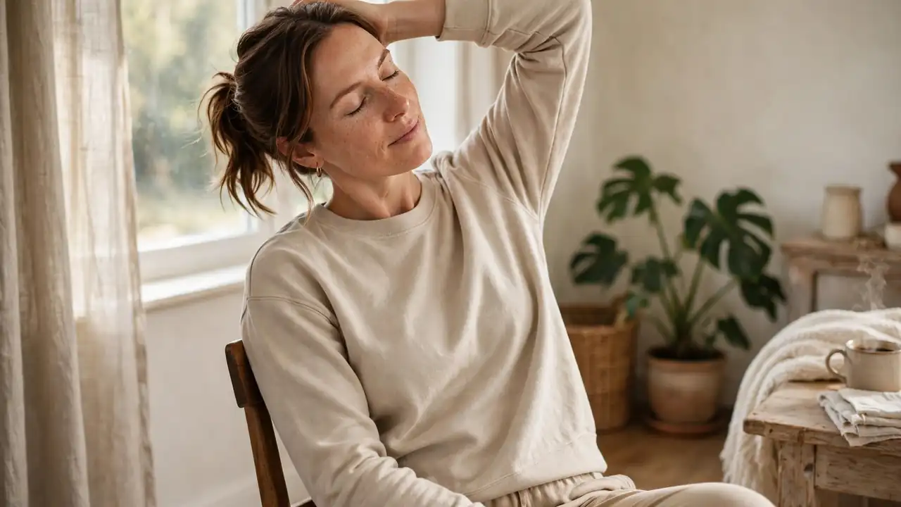 A person doing a gentle neck and shoulder stretch at home in the morning