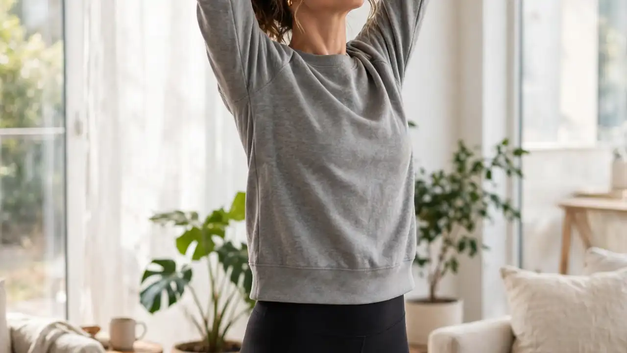 A person finishing a morning stretch routine standing tall with arms raised in a bright room