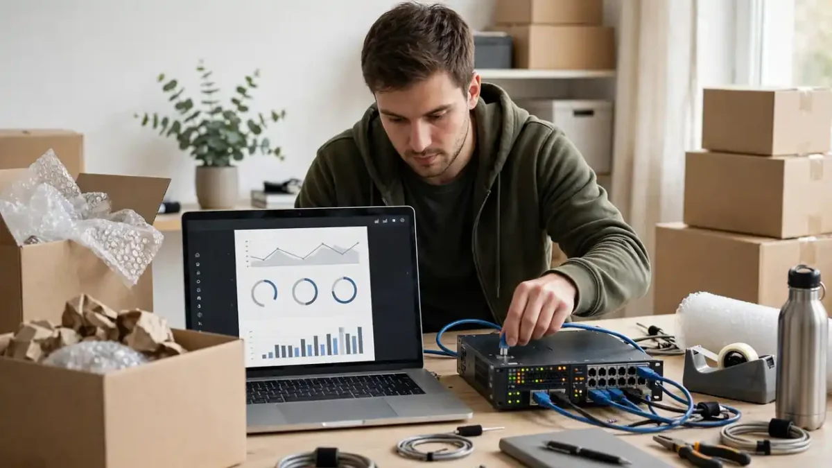 A person moving a WordPress website to a new web host, with a laptop, moving boxes, and a small server rack on a bright desk.