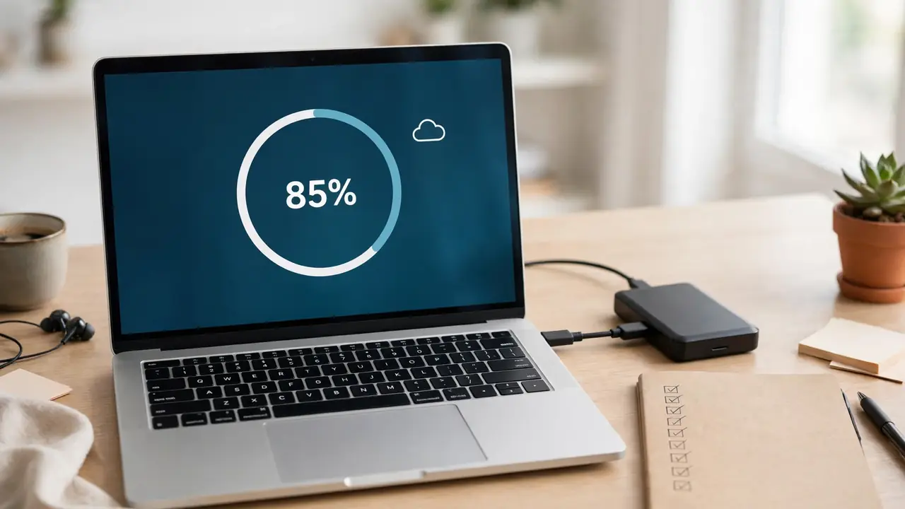 A laptop showing a website backup in progress beside an external hard drive and a checklist notebook.