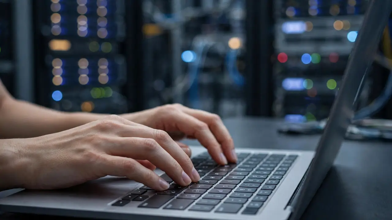 Hands typing database settings on a laptop with a softly blurred server room behind.