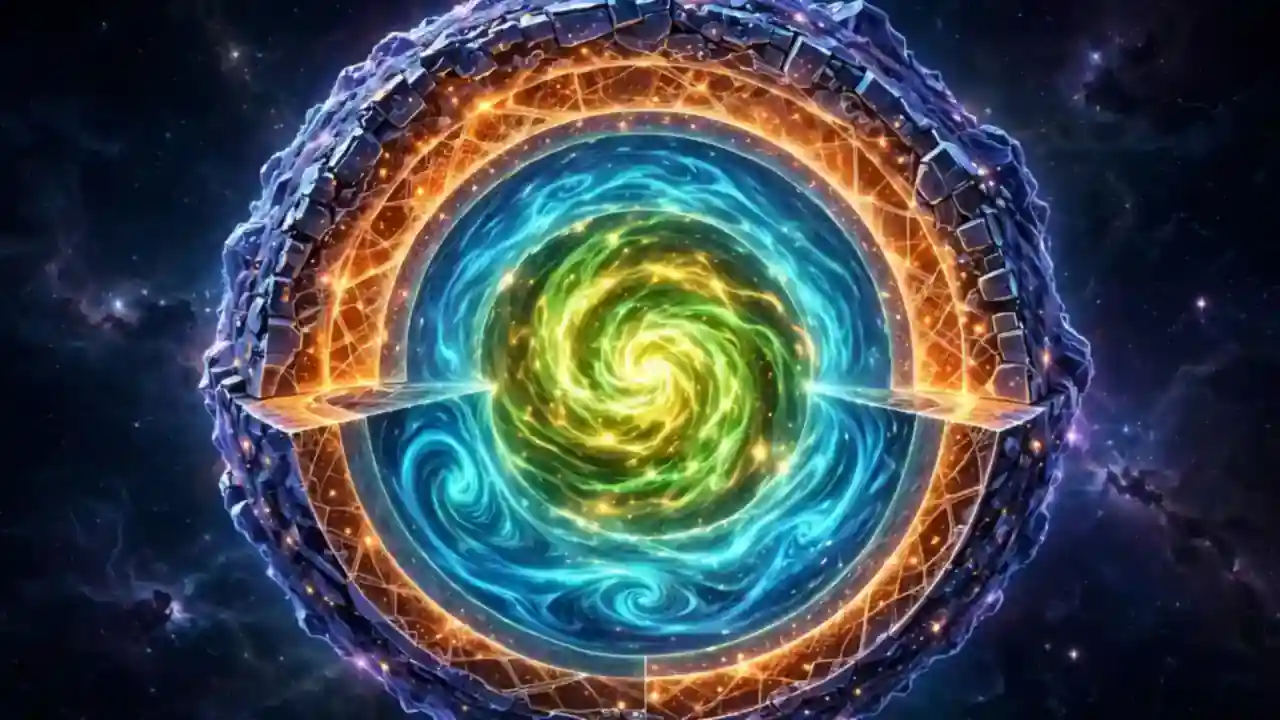 Layered cross-section illustration of a neutron star showing its crust and glowing core