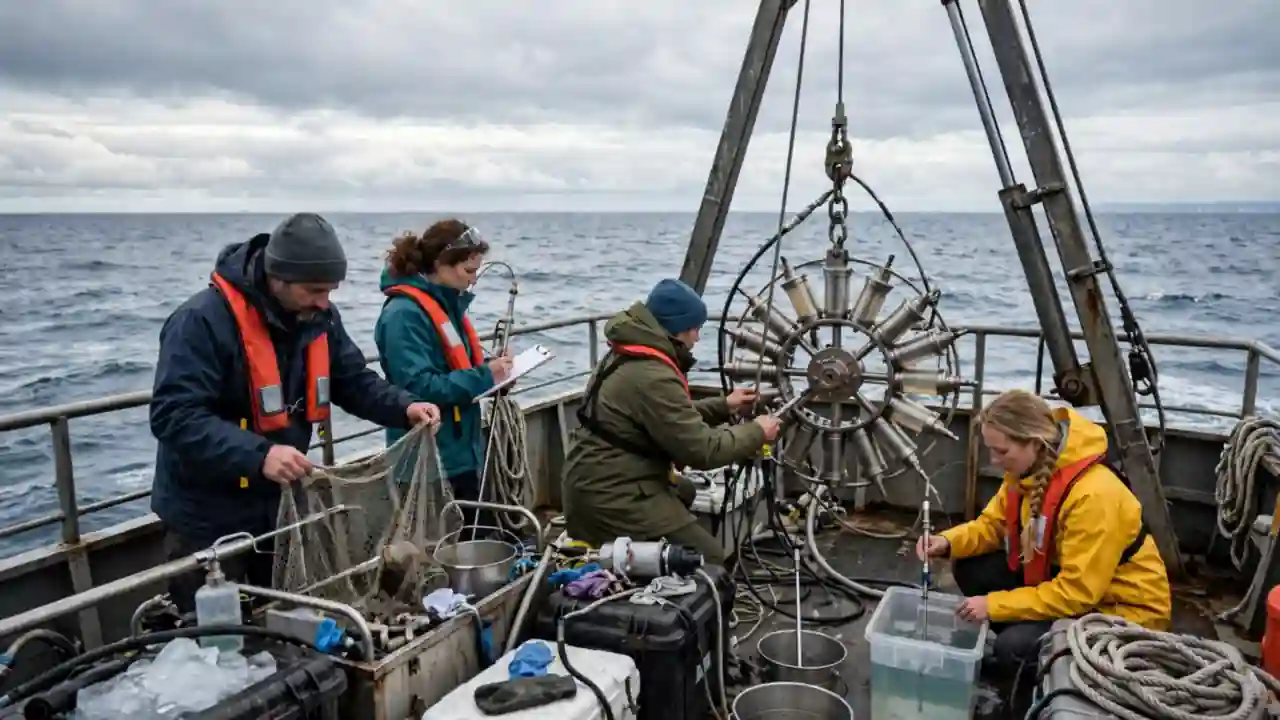 Scientists on a research ship studying the ocean