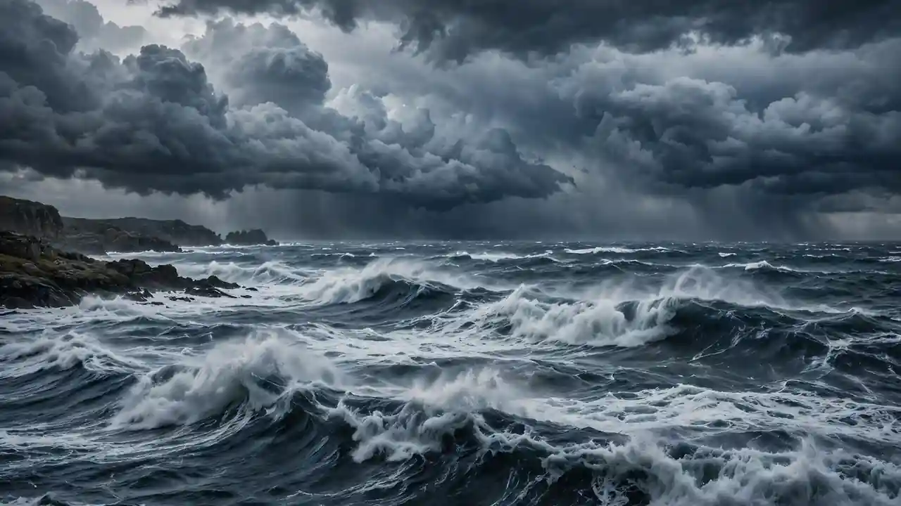 Storm clouds over a rough ocean with large waves