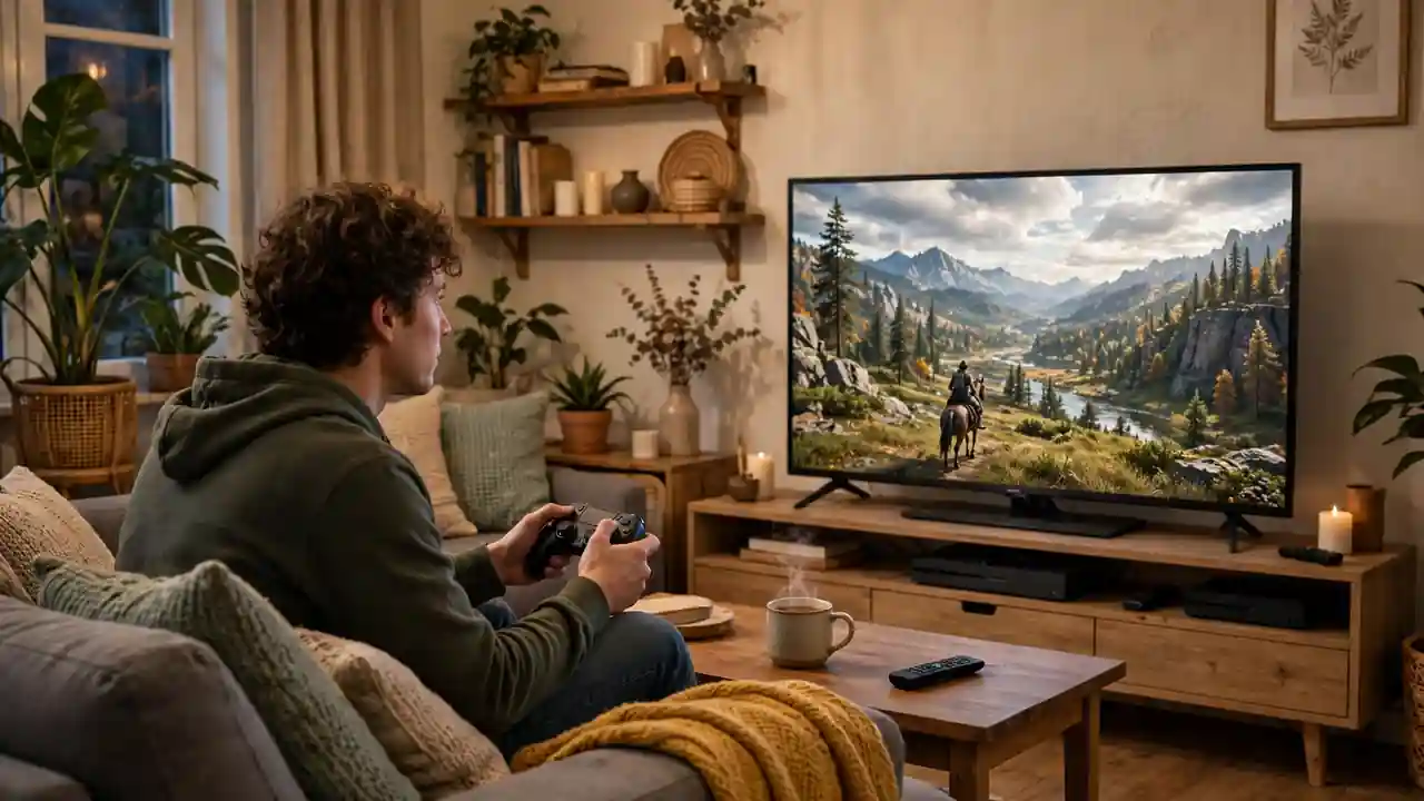 A person playing an open world adventure game on a television in a cosy living room