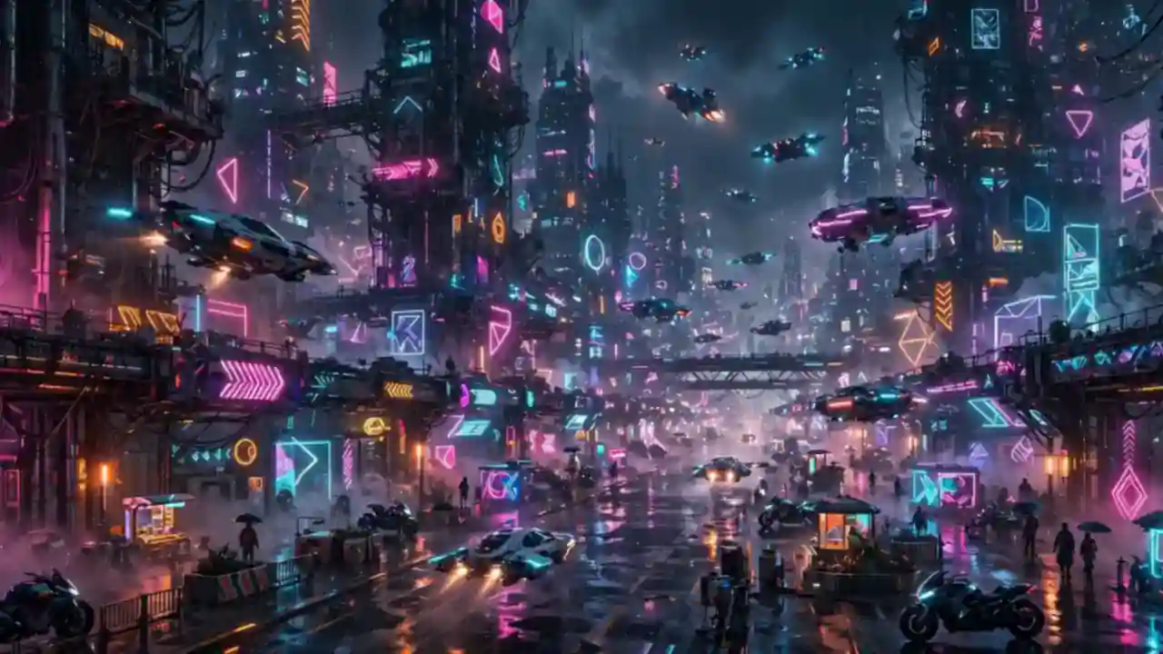 A futuristic neon city street at night with flying vehicles and glowing signs