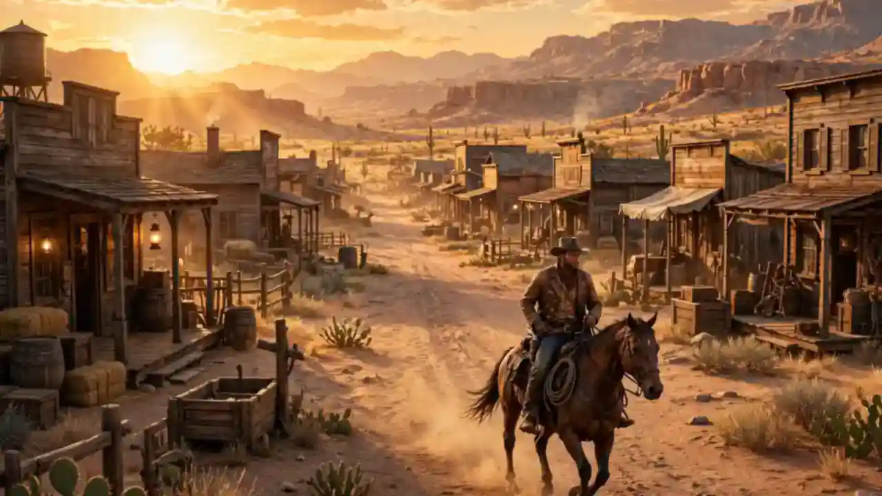 A cowboy on horseback riding through a wild west frontier town at golden hour